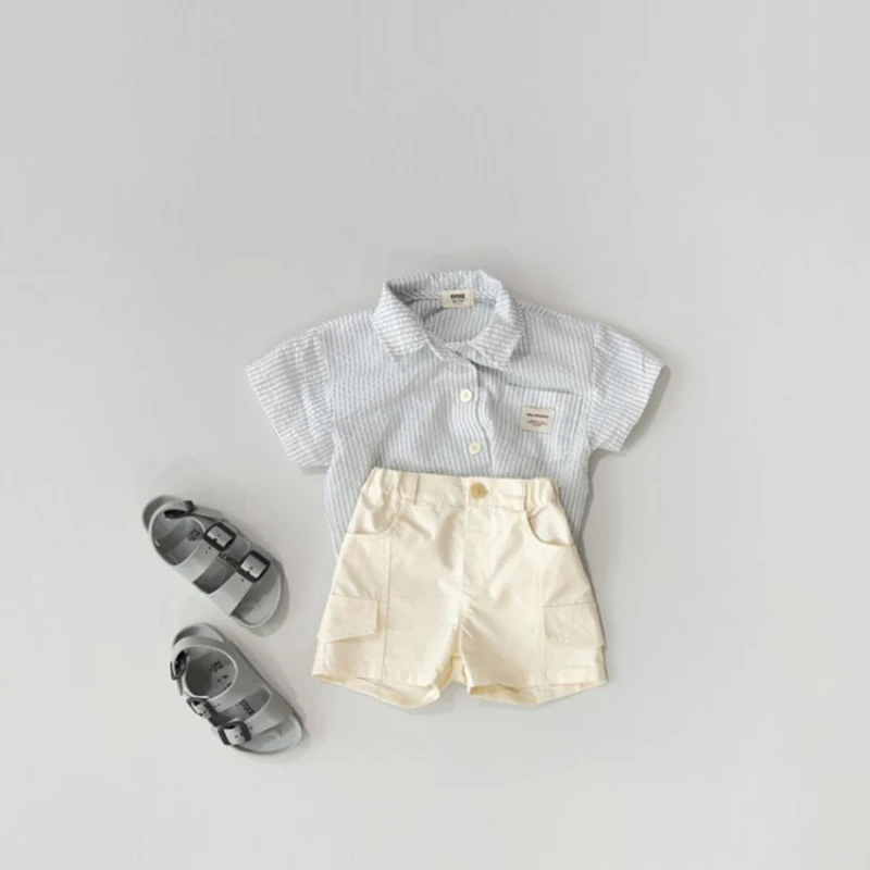 Summer Newborn Infant Baby Girls Boys Casual Suit Striped Pocket Shirt Cargo Shorts Kids Fashion Baby Clothing
