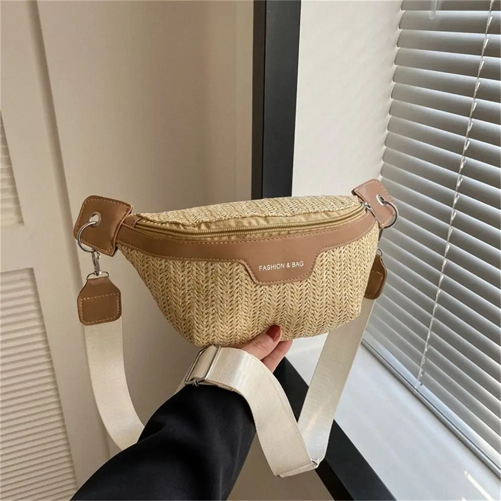 

Straw Woven Waist Bag Fashion Handmade Braid Large Capacity Fanny Pack Rattan Chest Bag Female