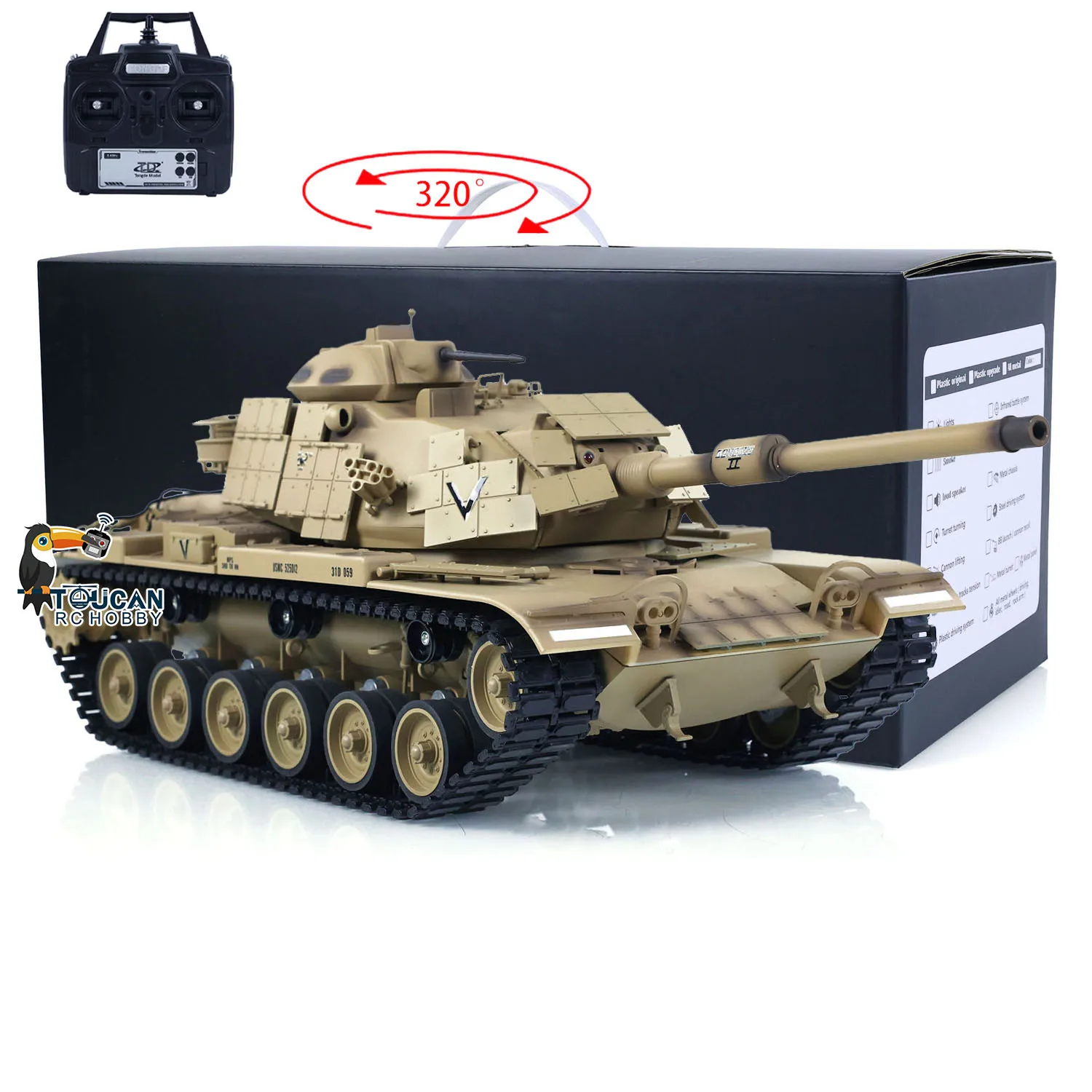1/16 통데 RC 전투 탱크 미국 M60A1 RTR ERA 투칸 무선 조종 탱크 사운드 320 °   소년 모델을 위한 적외선 BB 슈팅 장난감