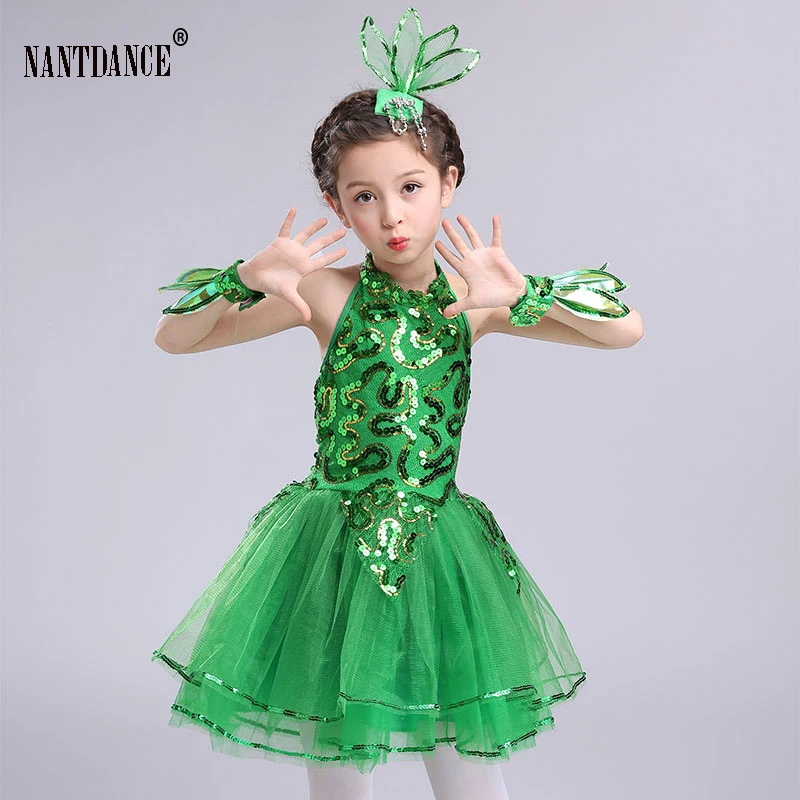 Children Latin Grass Performance Clothing Green Puffy Princess Dress Girls Stage Dancewear Suit Modern Dance Ballet Dress