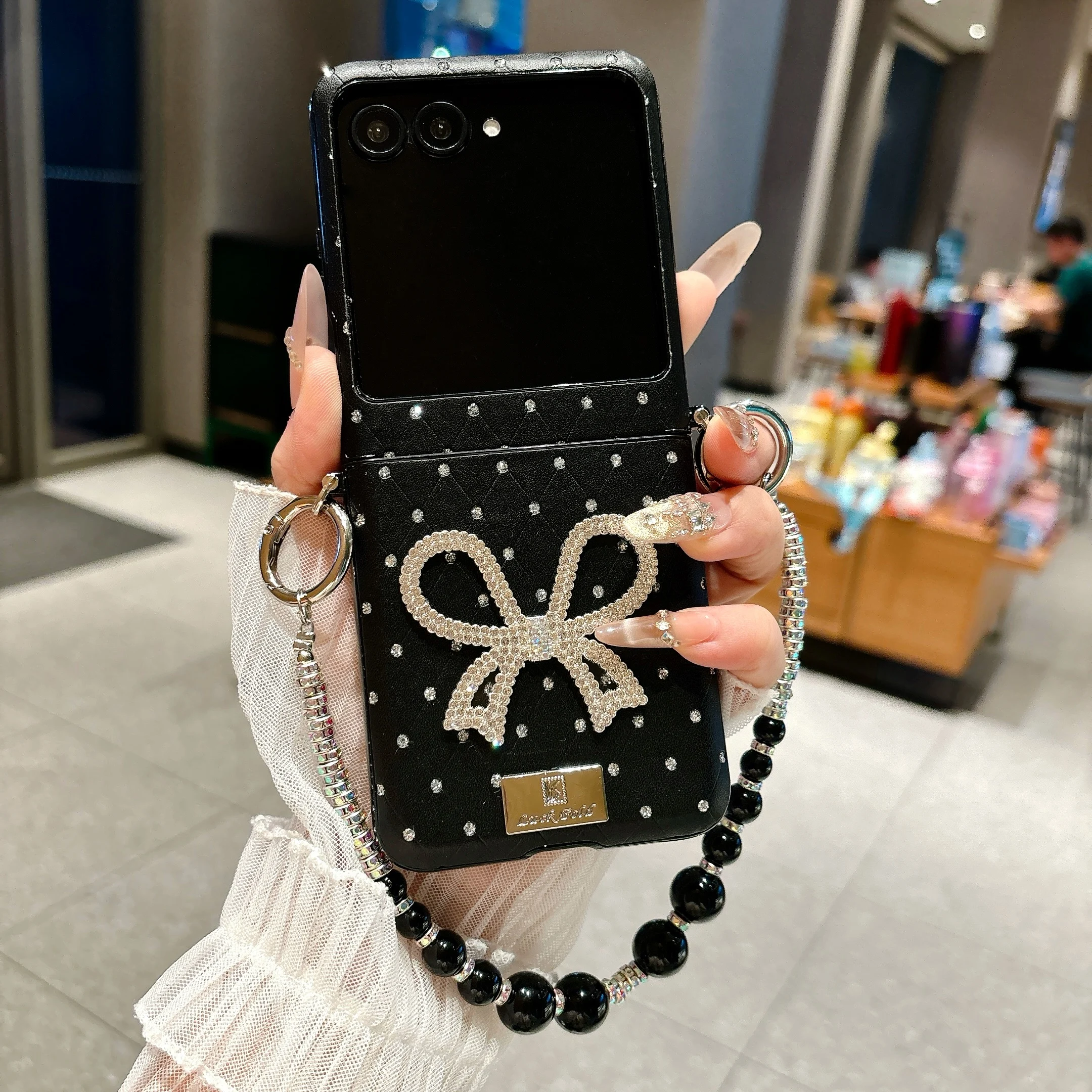 Cute Glitter Bowknot Rhinestone Flip Phone Case with Chain, Rhombus Design