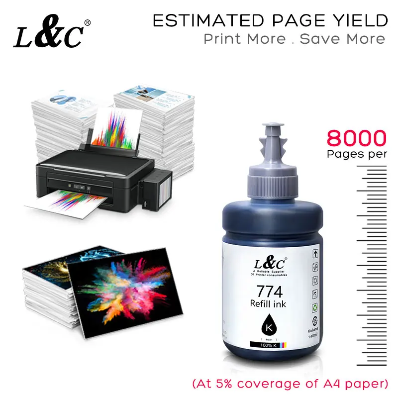 Refill Pigment Ink 774 For Epson Printer ET3600 ET-4550 ET-16500 ET-2500 ET-2600 ET-2550 L605 L606 L655 L656 L1455 L7160 140ML