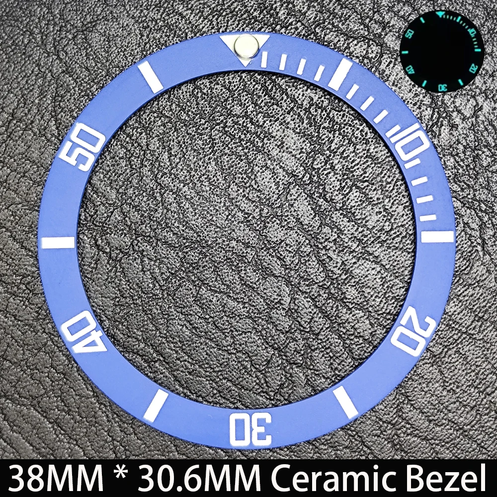 Elegant Blue Luminous Bezel GMT and Diving Watch Insert, Sloping 38mm x 30.6mm Ceramic/Aluminum