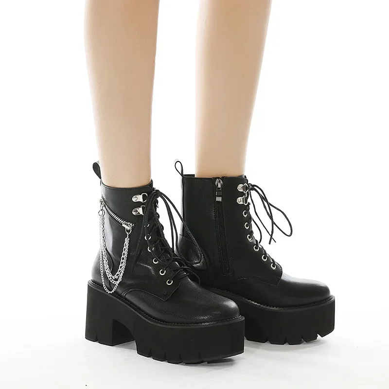 

Fashion Chain Platform Boots Chunky Leather Womens Gothic Shoes Nightclub High Heel Black Zipper Short Motorcycle Women Boots