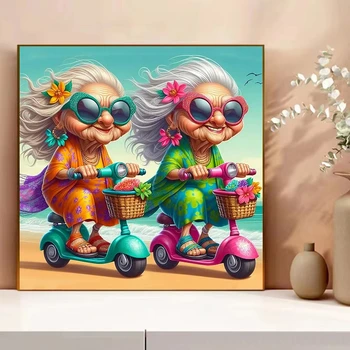 Dipinto a Olio con Numeri: Divertenti Nonne in Scooter su Tela, Decorazione Murale per Soggiorno, Regalo Fai-da-Te, Senza Cornice