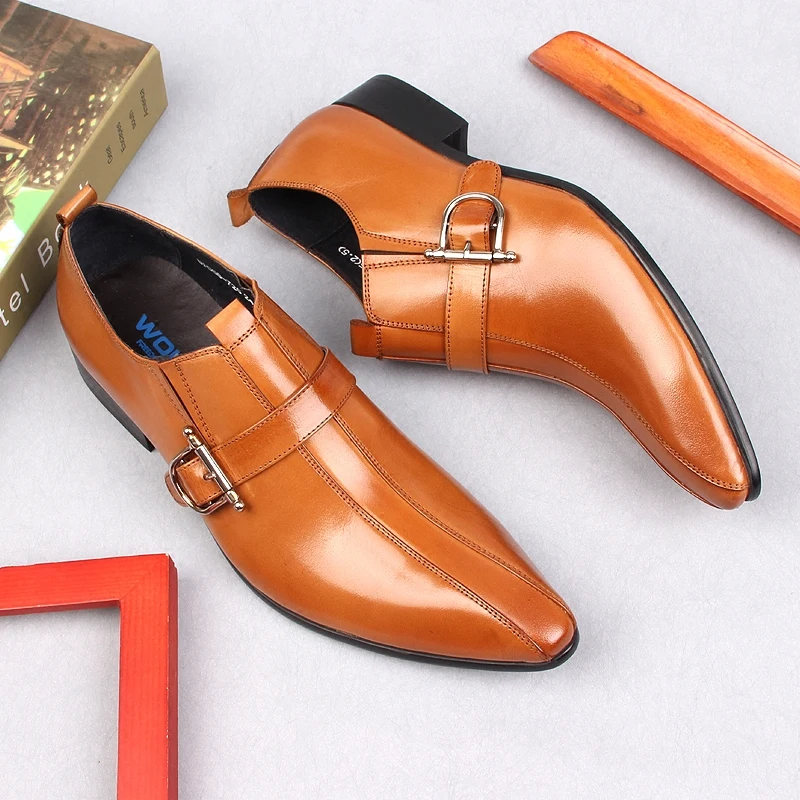 Men's Genuine Leather Pointed Toe Block Med Heel Shoes for Office main image 0