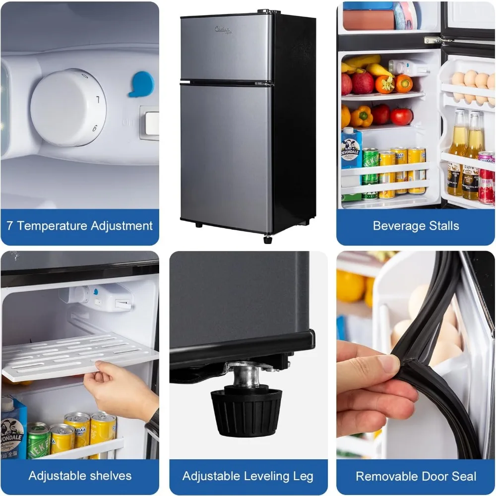 Mini Fridge with Freezer, 3.2 cuft Small Refrigerator, 7 Adjustable Thermostat, Energy Saving, Double Door Compact Refrigerator