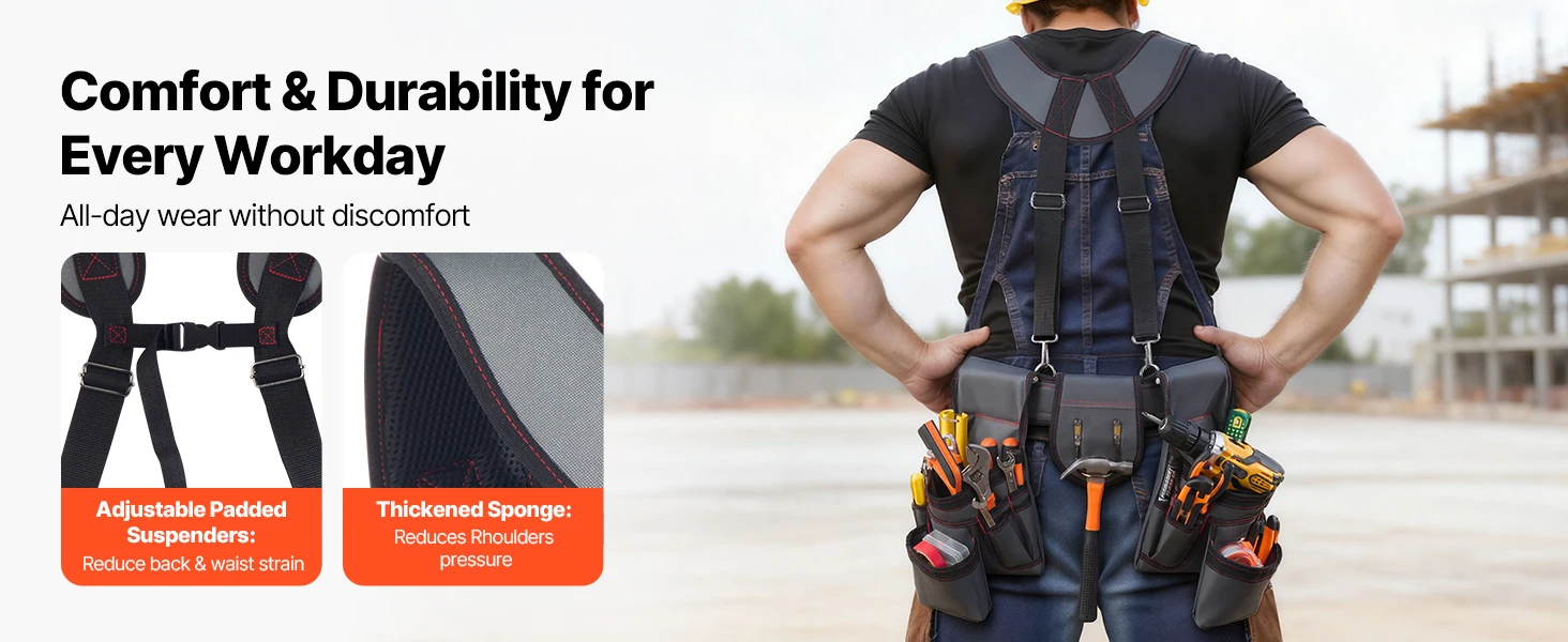SucceBuy 22 Pockets Tool Belt Work Tool Pouch Waist Adjustable 32 - 68in Utility Belt Bag Suspenders for Electrician Carpenter
