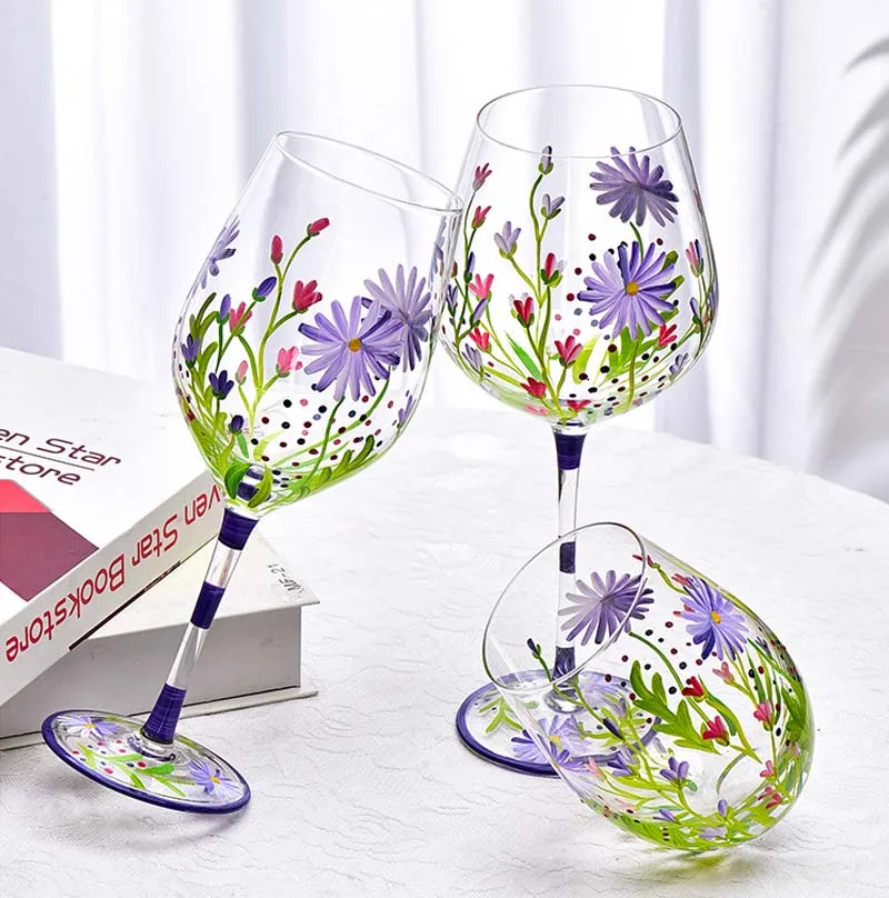 Creative Hand Painted Red Wine Glass Flower Pattern Wine Cup Cocktail Champagne Flutes Crystal Goblet Home Bar Wedding Drinkware