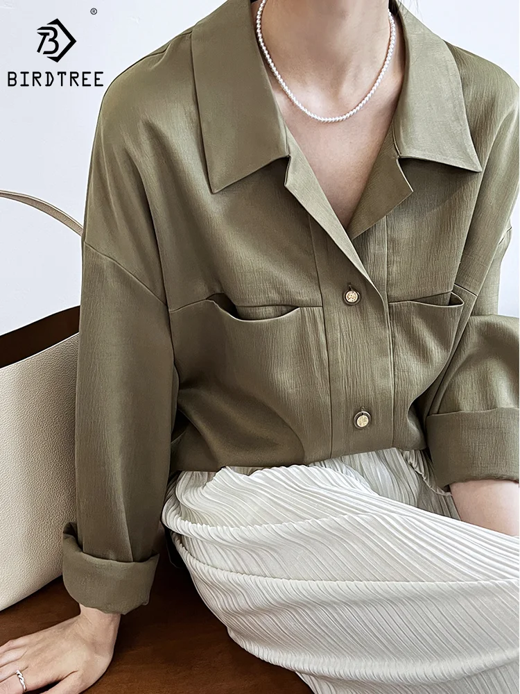 

New Spring Long Satin Shirts Women Turn Down Collar Solid Tops Long Sleeves Casual Pockets Loose Blouses Autumn T36152JM