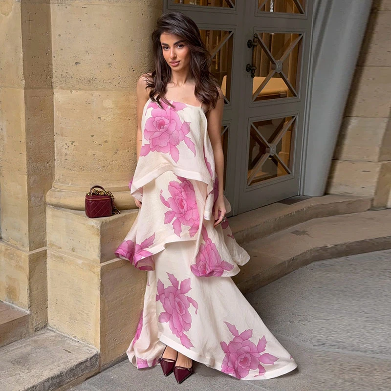Women Printed V-neck Long Dress Flared Sleeve Lotus Leaf Edge High Waist Slim Fit Maxi Dresses Lady Elegant Evening Party Dress 5