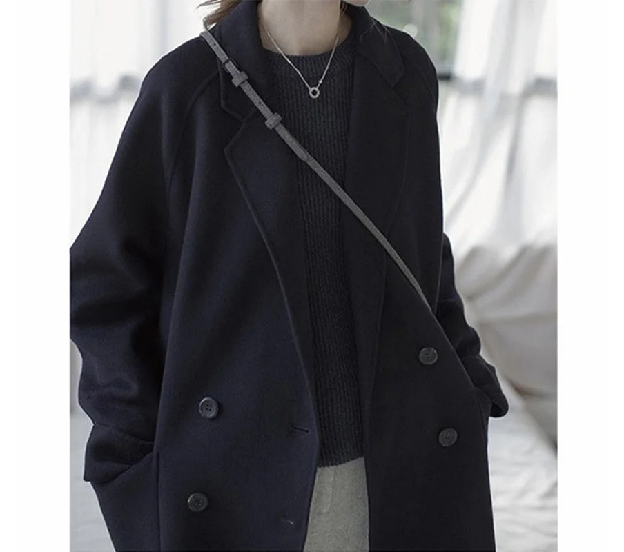 Loose Wool Blend Coat Autumn Winter Warm Casual Commute Outwear England Style Women Lapel Single Breasted Solid Colors Overcoats