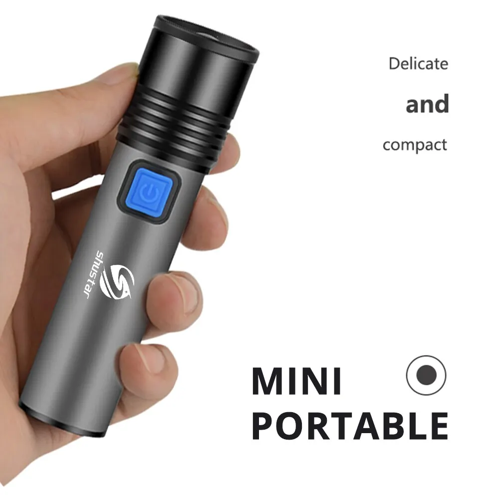 USB 충전식 LED 손전등, LED 내장, 1200mAh 리튬 배터리, 방수 캠핑 조명, 줌 가능 토치
