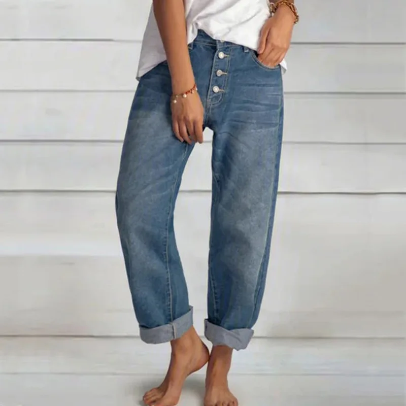 2024 Spring Oversize Women's Denim Pants Blue Pockets Empire Waist Wide-leg Jeans Loose Pants Female Winter Casual Fashion Lady