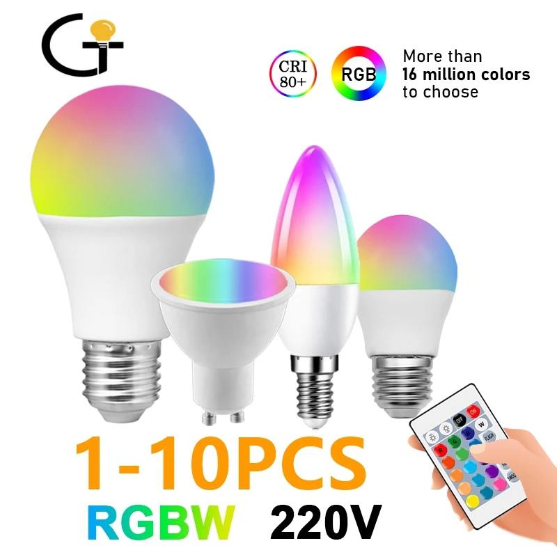 

1-10PCS LED Intelligent RGBW bulb GU10 A60 G45 C37 24 key infrared remote control AC220V 6W 10W color plus white light dimming