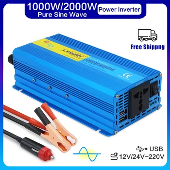 1000W 1200W 2000W อินเวอร์เตอร์ DC 12 V/24 V ถึง AC 220V Pure Sine Wave รถอะแดปเตอร์แปลง 50Hz/60Hz Dual USB EU Universal RV 1