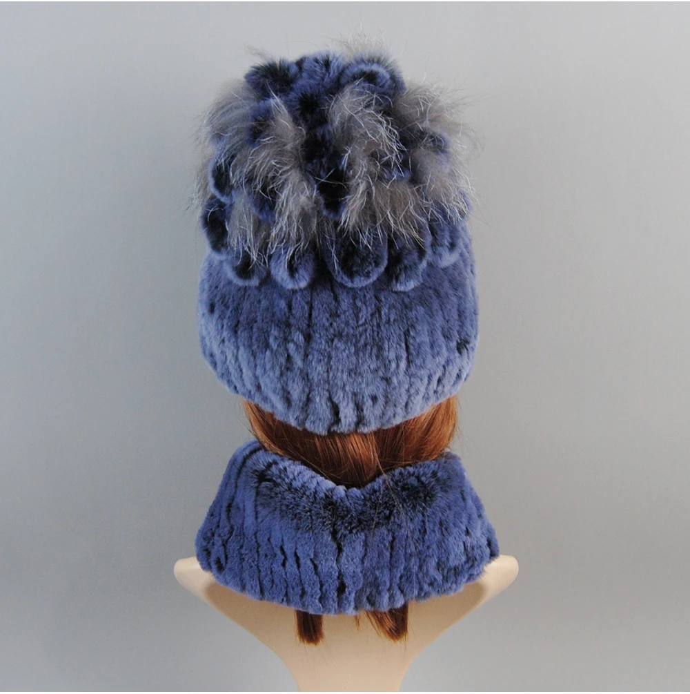 Real Rex Rabbit Fur Hat And Scarf Set Women Winter Knitted Beanie Hat Natural Fur Skullies Beanies Woman Hat Female Cap Elastic
