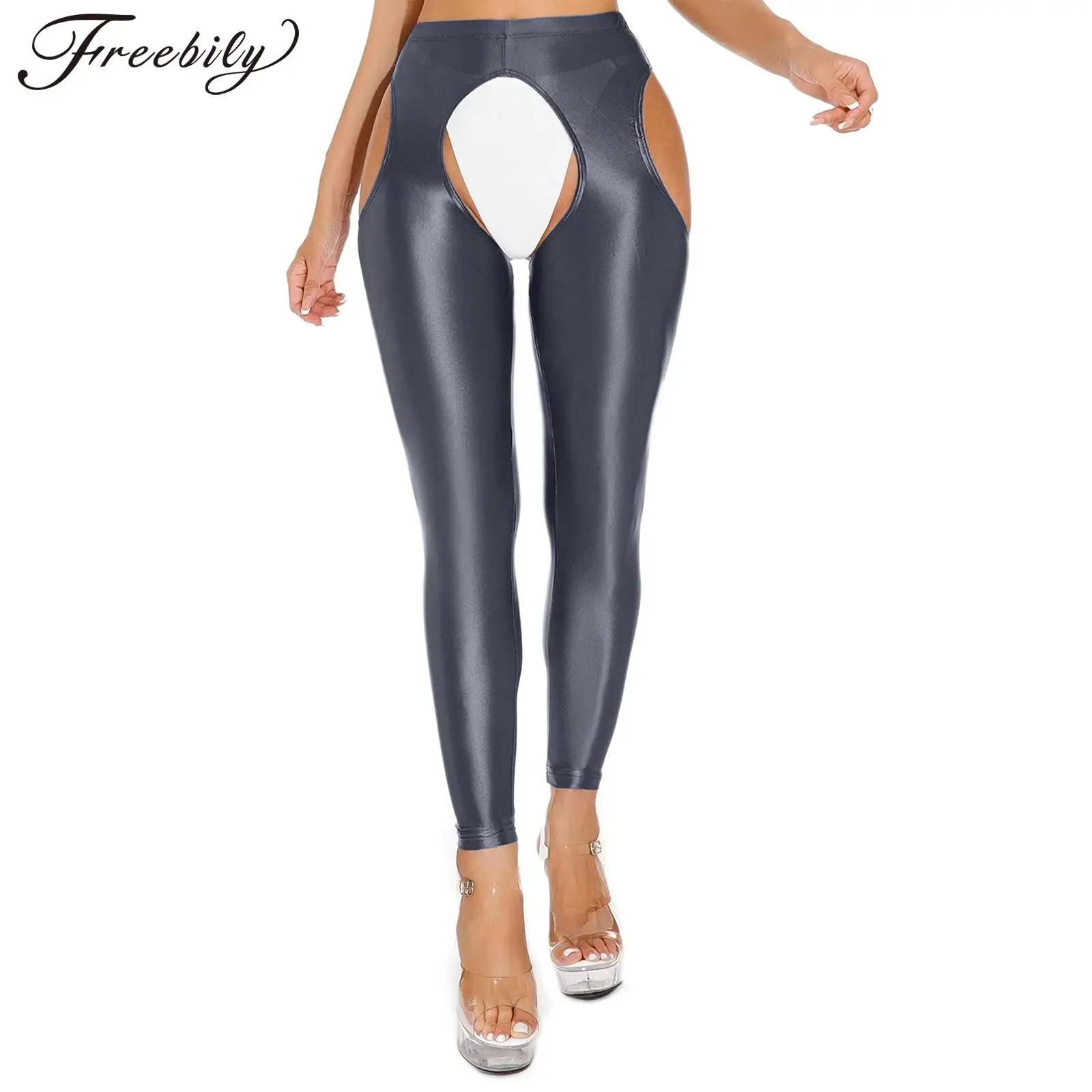 

Women Sexy Glossy Hollow Out Crotchless Pants High Waist Stretchy Thigh Leggings Yoga Gymnastics Dance Skinny Trouser Nightwear