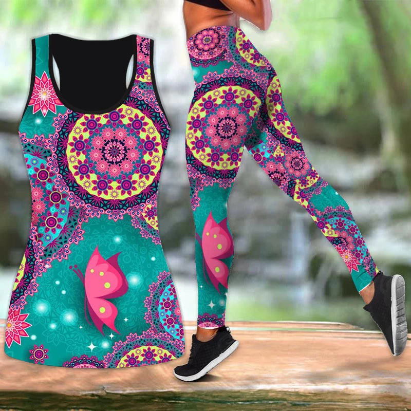 Moon Flower Butterfly Mandala Yoga Tank Top Leggings Yoga Outfit Fitness  Leggings Athletic Shirt Suit XS-8XL