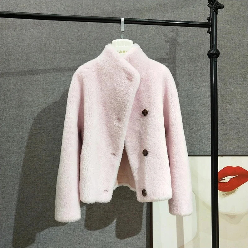 thumbnail image 1 of Chaquetas de lana 100% AYUNSUE para mujer 2024, abrigo corto de piel auténtica, estilo cálido para mujer, chaqueta de cuello alto para otoño e invierno, parka, 1 of 5