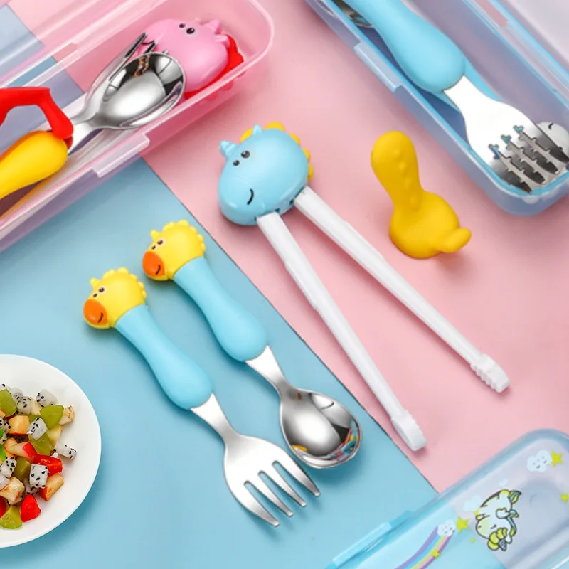 304 Stainless Steel Portable Children's Fork And Spoon Set Dinosaur Baby Cartoon Tableware Baby Learning To Eat Training Cutlery