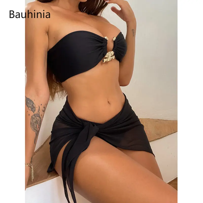 SexyBlackBikinisWithHammeredTrim3PieceSetBandeauSwimwear