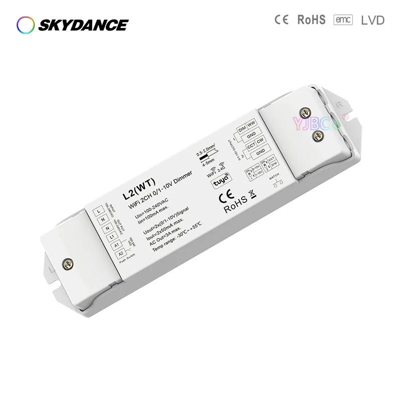 Skydance 2CH Single Color led Strip 0/1-10V WiFi RF Push Dimmer L2(WT) 110V 220V Tuya APP Cloud on/off Controller DIP Switch tuya wifi switch intelligent garage door opener controller smartlife app control