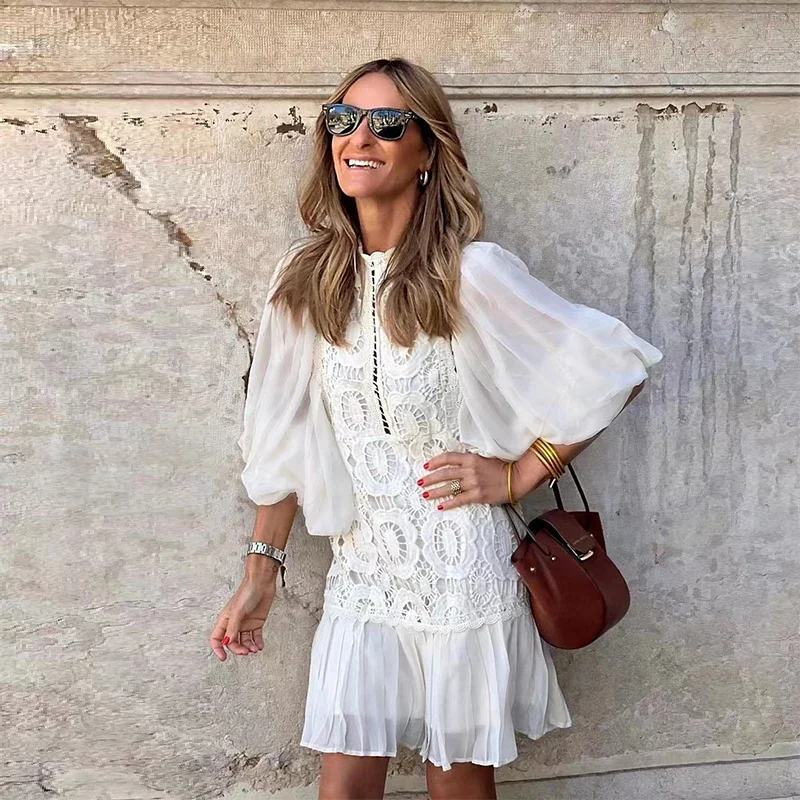 

Women Lace Embroidered Button Dress Fashion V-neck Short Sleeve Wrap Hip Party Dress White Elegant Beach Mini Dresses Vestidos