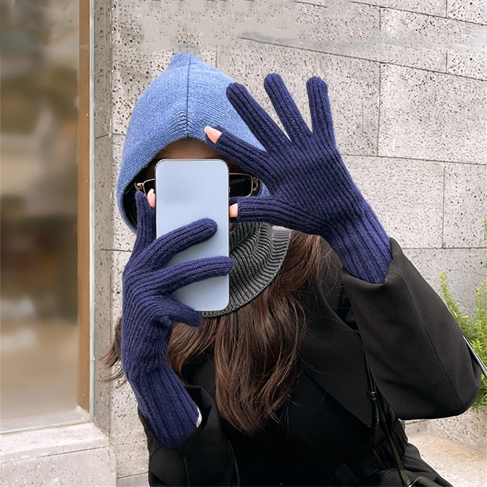 

Fashion Winter Knitted Gloves Korean Open Finger Touch Screen Mittens Wool Half Finger Gloves Outdoor Warm Five Finger Mittens