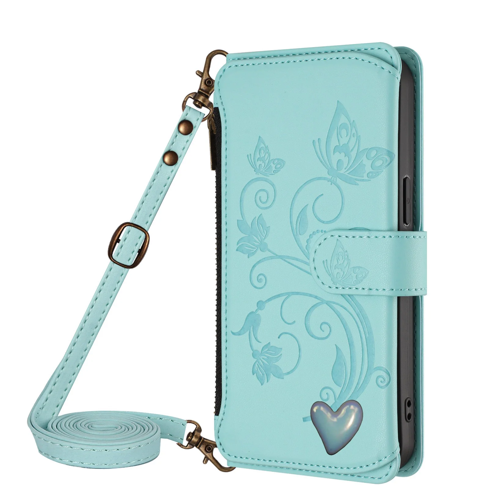 Elegant Crossbody Lanyard Flip Case Leather Wallet Cover with 5 Card Slots