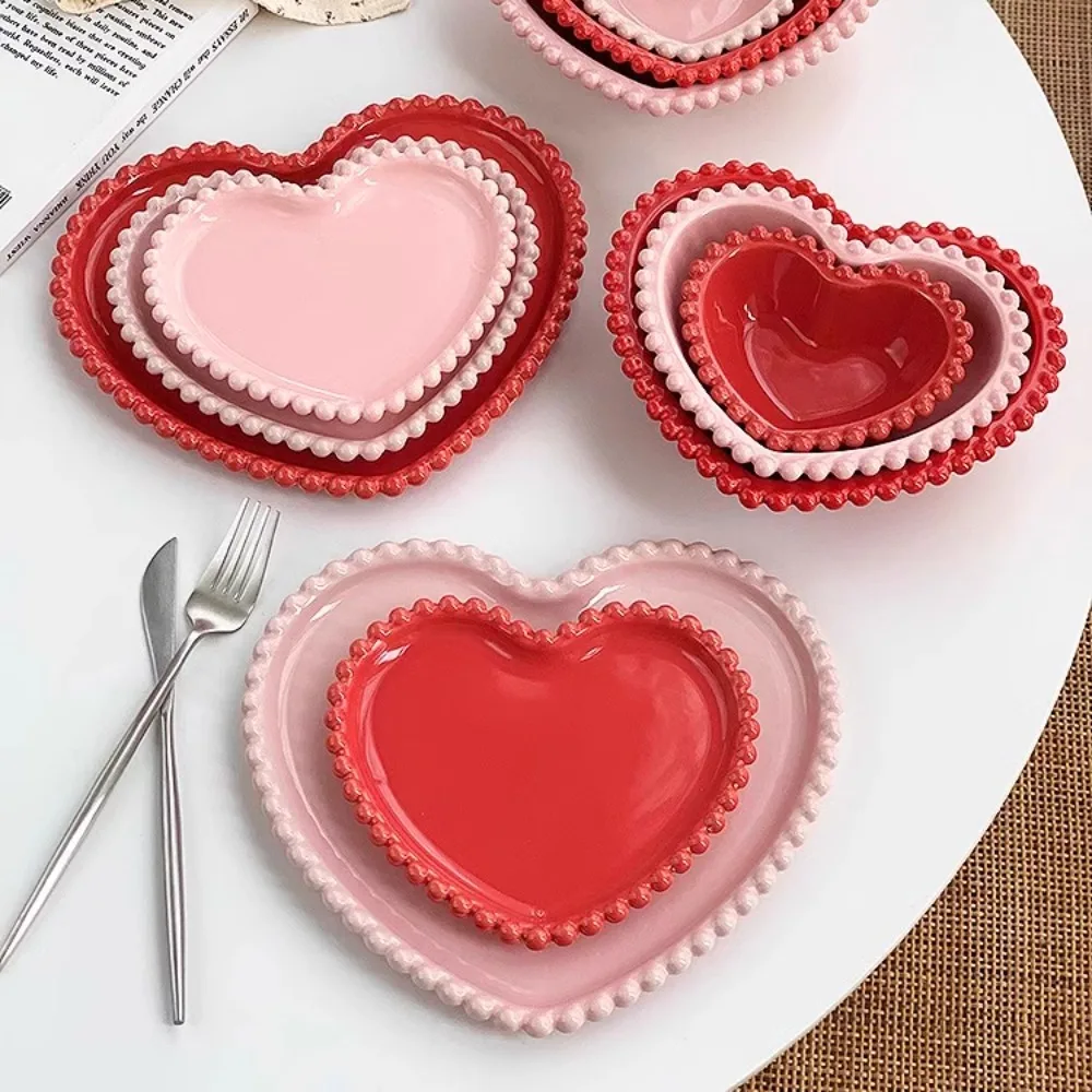 Dining Dish Creative Pink Bead Dots Ceramic Heart Dinner Plate Tableware Home Dessert Cake Plate Porcelain Salad Kitchen Utensils