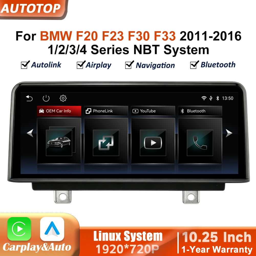 Radio para coche con sistema Linux, Android Auto, Carplay inalámbrico, 10,25 pulgadas, para BMW 1, 2, 3, 4 Series, F20, F21, F22, F23, F30, F31, F32, F33, F34, F35, F36, sistema NBT, 2011-2016, reproductor multimedia de vídeo, pantalla táctil, con YouTube en línea, Airplay, Autolink, Mirror Link, WiFi, Bluetooth, navegación GPS 1