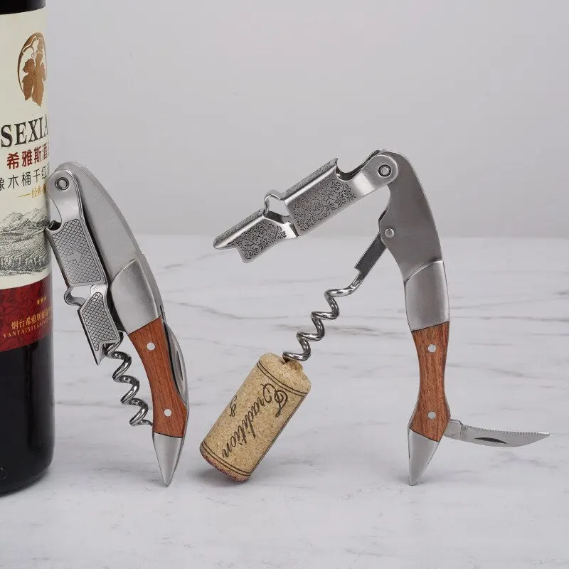 1pc Wine Opener Stainless Steel Wood Handle Wine Corkscrew Professional Portable Screw Corkscrew Multifunction Beer Cap Bottle