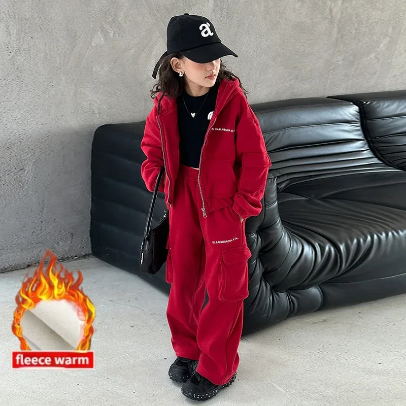 

Girls Fleece Hoodie Set Autumn Winter Thick Warm Casual Sportswear Two Pieces School Children Clothing 4-15 Years Kids Outfits