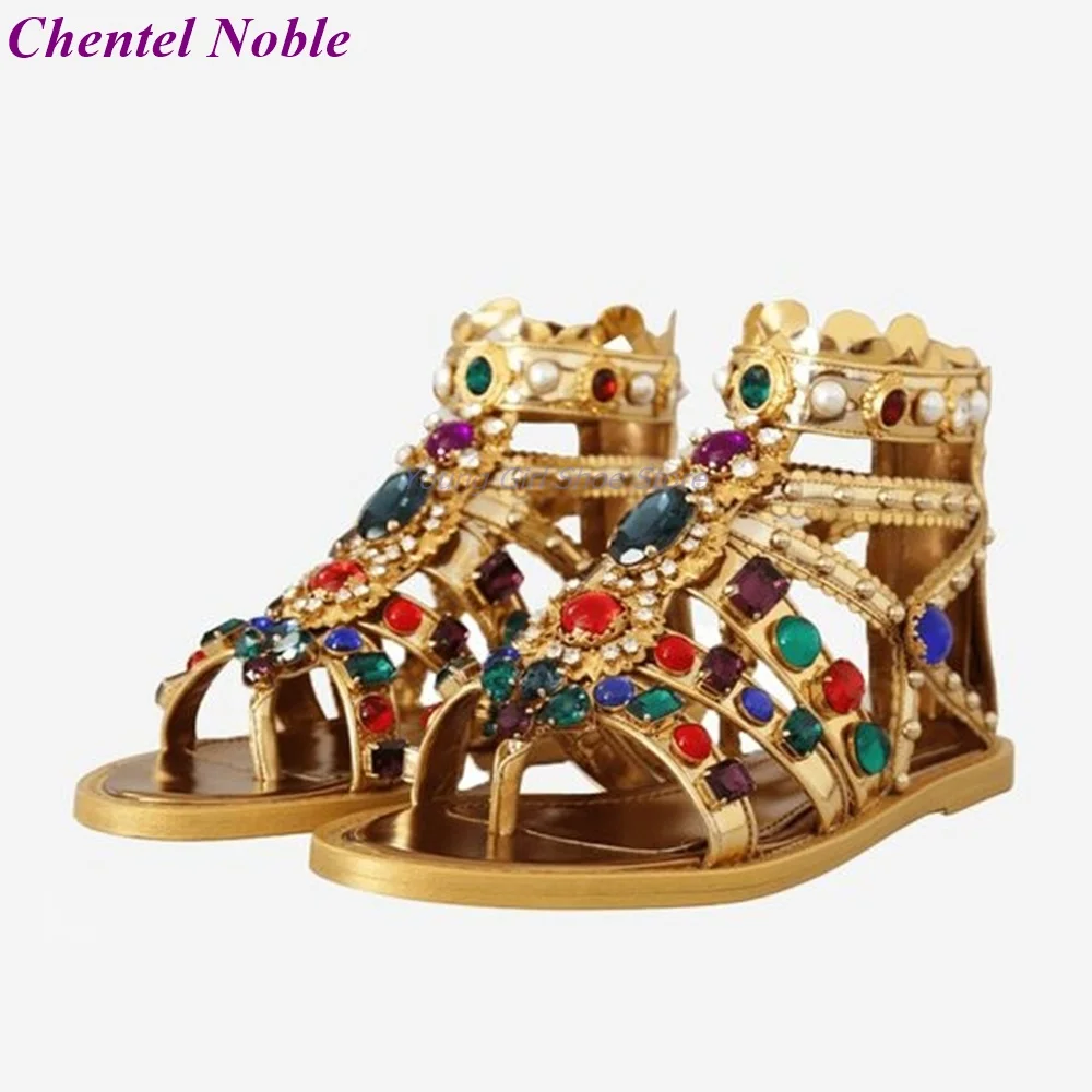 Sandali gladiatore di cristallo colorato punta tonda scarpe basse aperte le più nuove scarpe da donna Sexy in oro estivo scarpe da passerella per feste