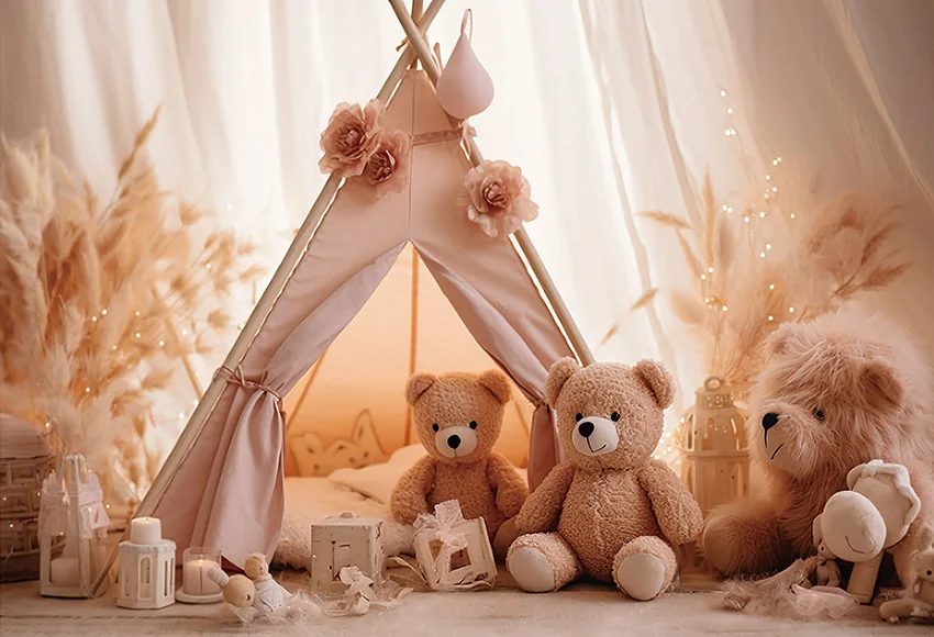 Pano de Fundo de Fotografia Mehofond-boho Bebê 1st Birthday Toy Grama Pampas Festa Camping Tent Decor Photo Background Estúdio Prop Urso - Image 2