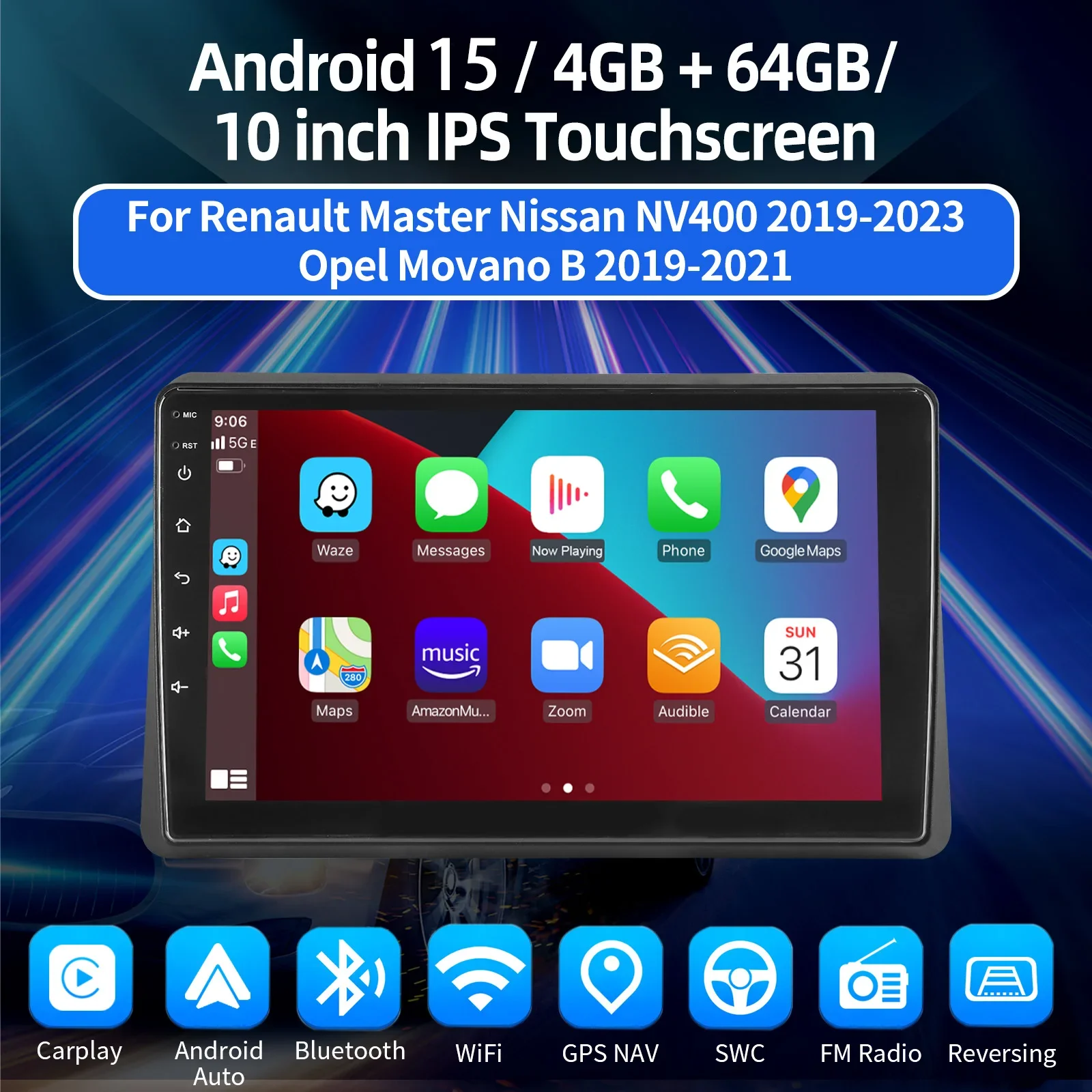 Autoradio ESSGOO Android 15 9 Zoll 4+64G für Renault Master III Opel Movano B Nissan NV400 Drahtloses CarPlay Android Auto GPS Navigation Bluetooth RDS Lenkradsteuerung Mirror Link IPS Touchscreen – Detail 3