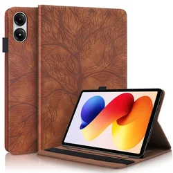 Tree Embossed PU Leather Flip Cover with Soft TPU Back for Poco Pad M1 (Brown)