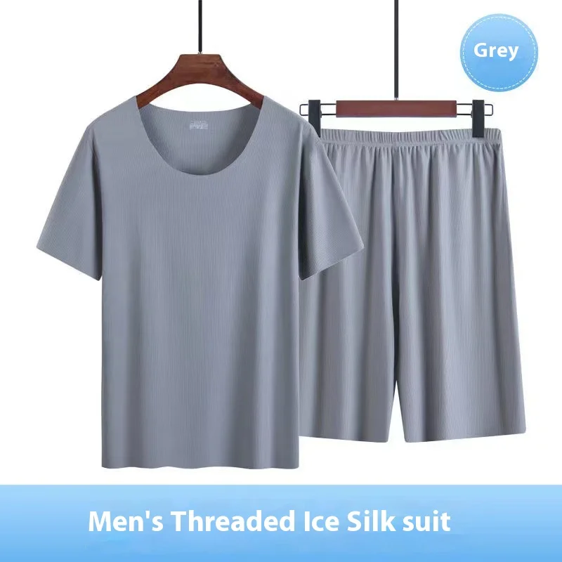 Summer Men's Ice Silk Pajamas Homewear Suit Modal Non-marking Thin Short-Sleeved Men's T-Shirt silk pajamas man pajamas set
