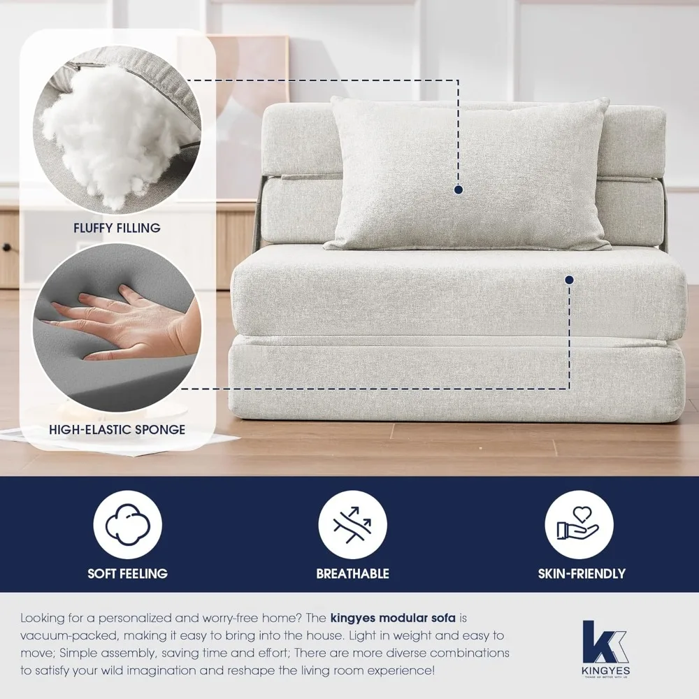 4 in 1 foldable sofa bed, modern folding sleep chair with back cushion, convertible chair sleeper, beige