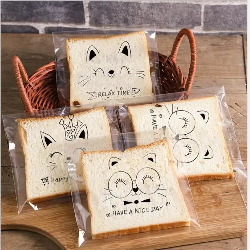 20Pcs 7x7cm Cartoon Kitten Sandwich Bag for Kids Bread Bag Self Adhesive Bread Cookie Kitchen Baking Supplies sandwich bread bags