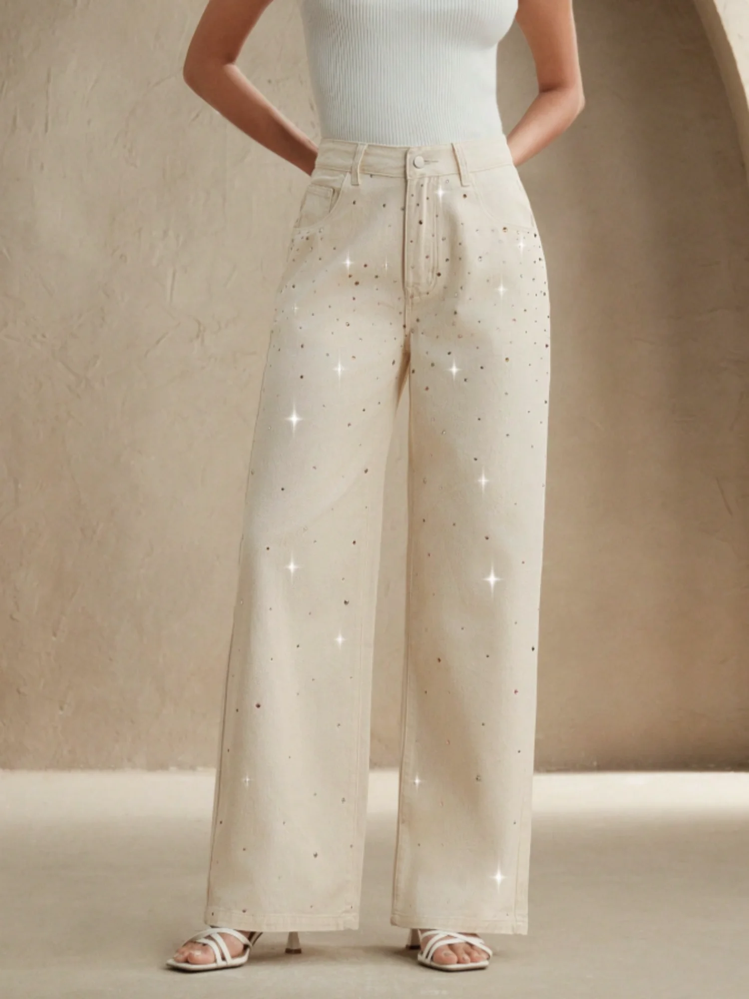 2025 autumn new style white women's wide-leg jeans with colorful diamond design loose fit slimming effect and good draping qua 6