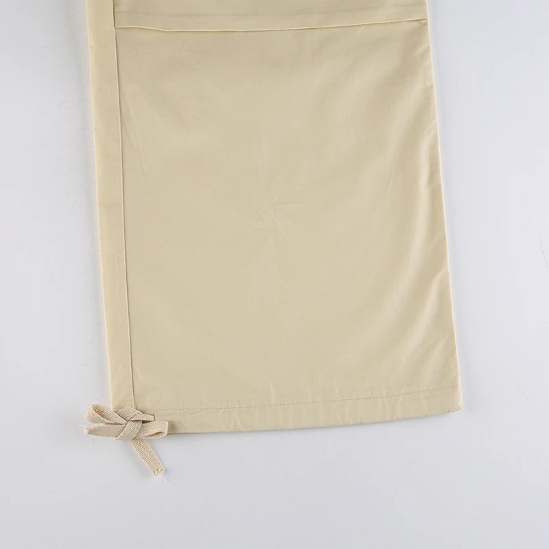 Weekeep Light Khaki Cargo Pants Streetwear 100% Cotton Big Pocket Patchwork Casual Pants Drawstring Low Waist Baggy Trouser Lady
