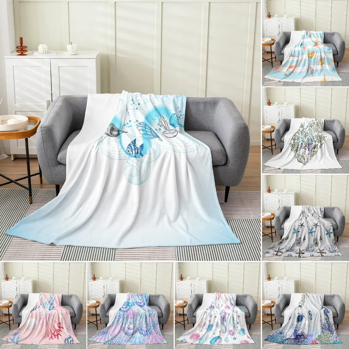 Sea Animals Theme Throw Blanket Shell and Fish Flannel Blanket King