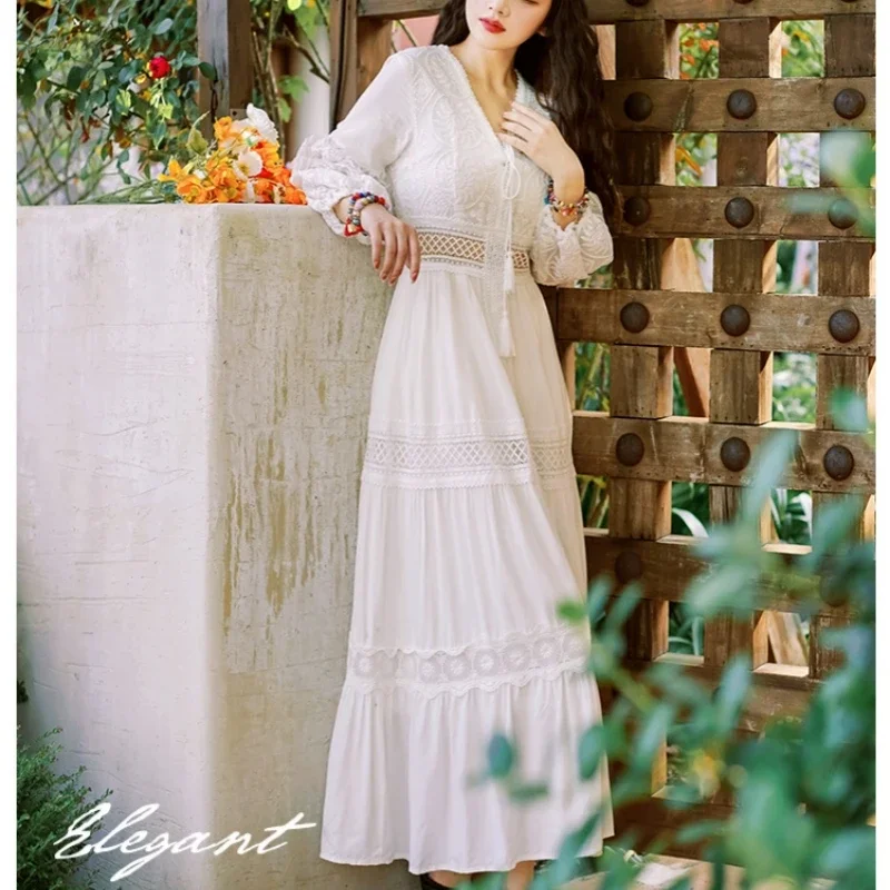 Bohemian White Beach Dress Women Elegant Party Dresses Spring Auutm V-neck Sexy Hollow Out High Waist Long Robe Vestidos