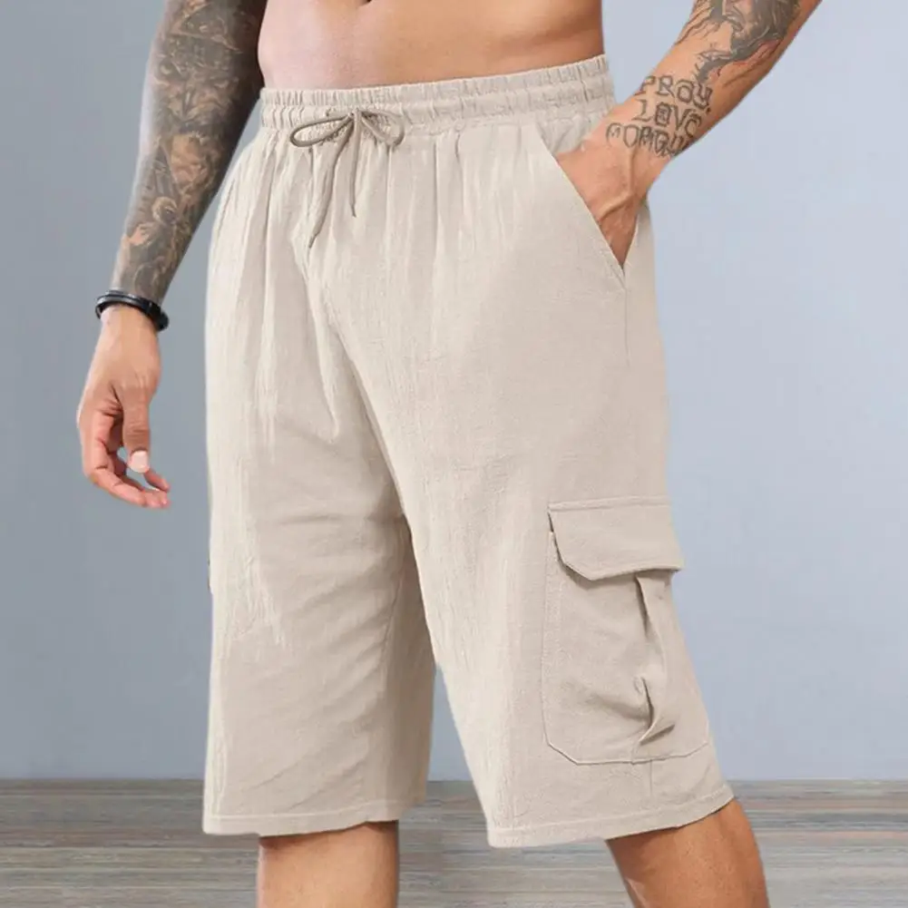 Lace-up Men Shorts Men's Elastic Waist Cargo Shorts with Multi Pockets for Running Streetwear Solid Color Casual for Summer