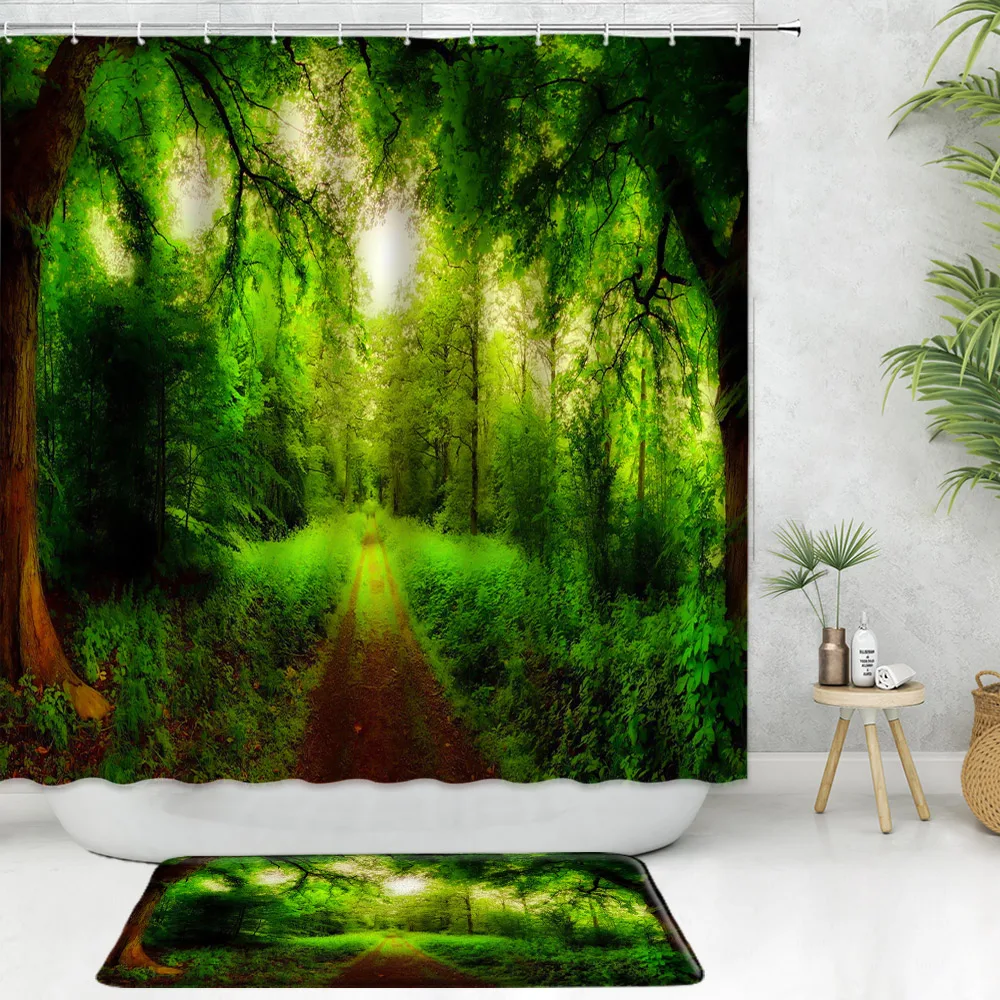 2Pcs Tenda Da Doccia Decorativa In Tessuto Paesaggistico Per Bagno Green Forest Wild Woodland Tenda Da Doccia Antiscivolo Set Di Tappetini Da Bagno