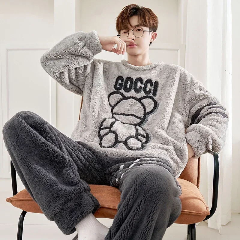 

Men's Pajamas Suit Autumn Winter Coral Velvet Thick Wram Flannel Sleepwear Youth Cartoon Coral Fleece Thermal Homecloth Set Male
