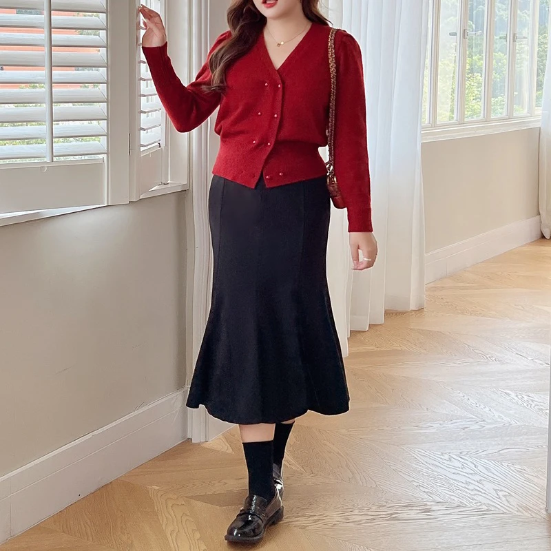 Autumn Good Quality Womens Plus Size Casual Clothing Winter OL Stylish Elastic High Waist Black Mermaid Long Skirt