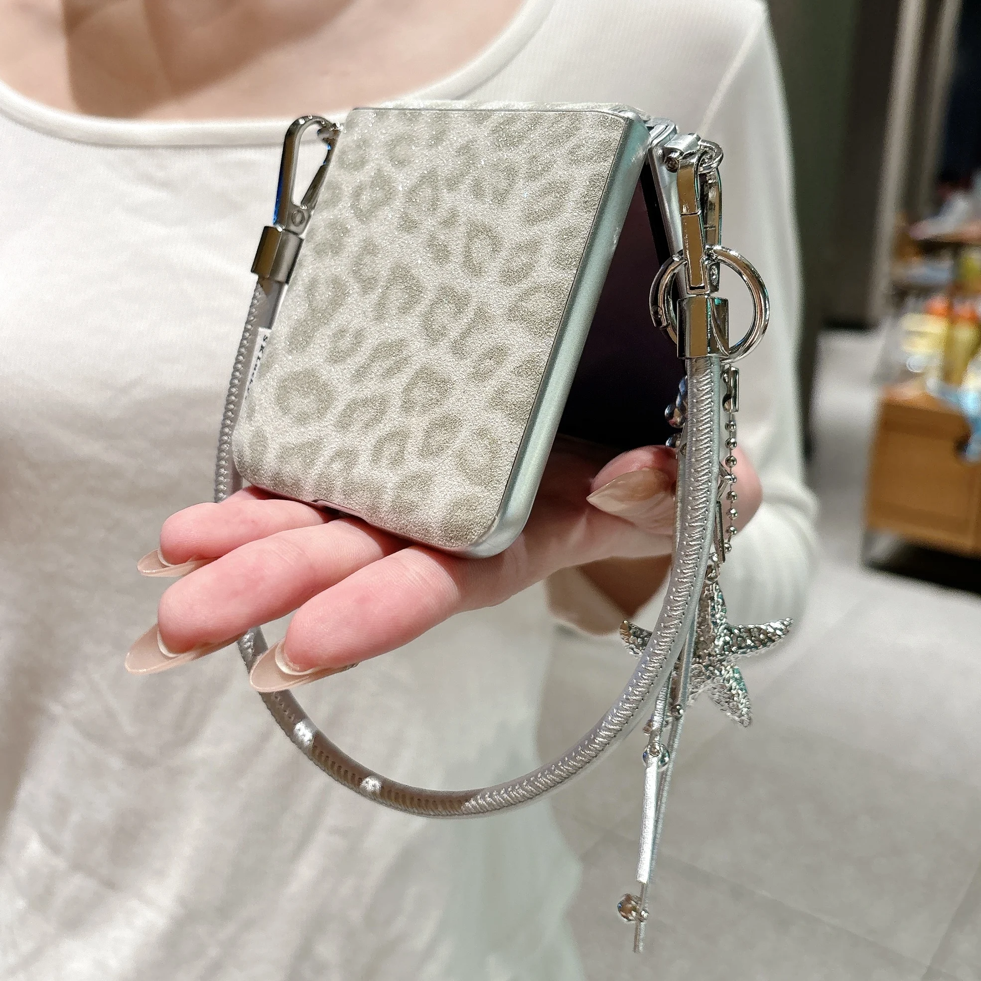 Korean Gray Leopard Print Phone Case with Star Hand Rope - Cute Protective Cover